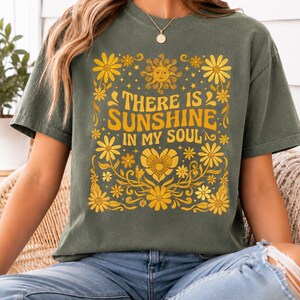 Moss green boho sunshine soul shirt with floral design