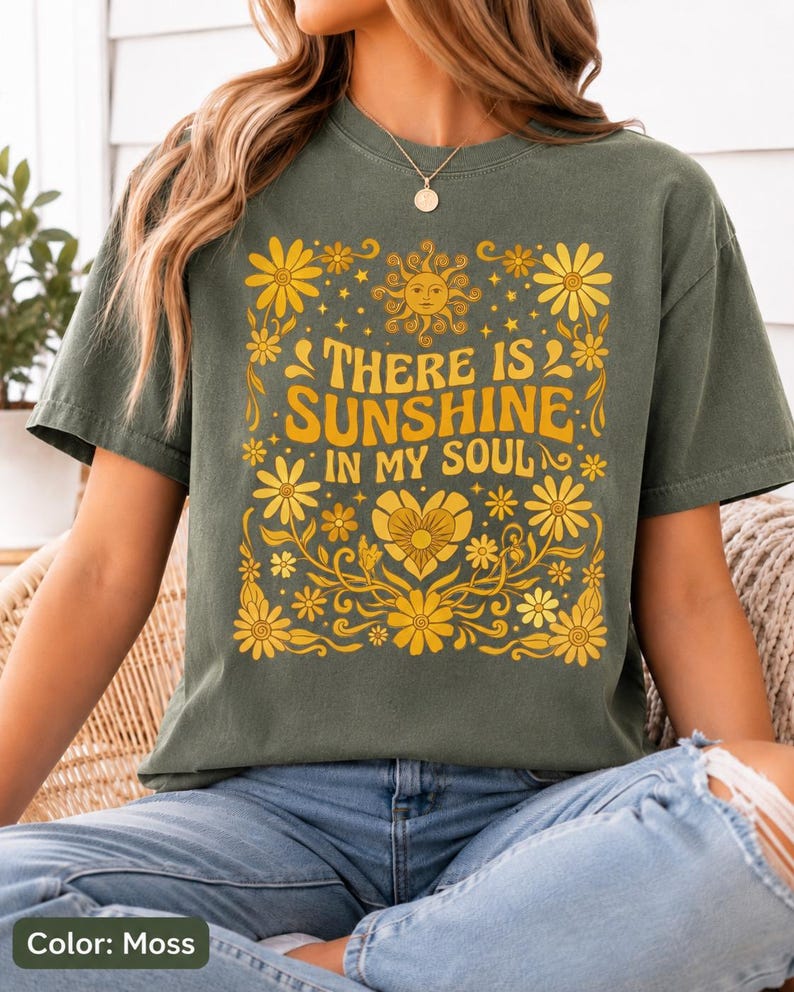 Moss green boho sunshine soul shirt with floral design