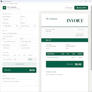 Könnte beinhalten: Eine Software-Oberfläche zur Rechnungsstellung mit einem linken Eingabebereich für Rechnungsdetails, Kundendaten und Positionen sowie einem rechten Vorschaufenster, das eine professionelle Rechnungsvorlage mit dunkelgrünen Akzenten anzeigt.
