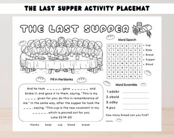 Last Supper Kids Bible Activity Placemat, Christian Holy Week Coloring Worksheet, Sunday School Easter Activity, Maundy Thursday