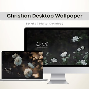 May include: A digital download set of three Christian desktop wallpapers. The wallpapers feature floral and nature-inspired designs with the words "faith" and "be still" displayed on the screens. The text "Christian Desktop Wallpaper" is displayed above the screens.