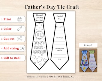 Father's Day Tie Craft Christian, Printable Best Dad Ever Coloring Tie, DIY Gift from Kids, Sunday School Activity, Dad Keepsake