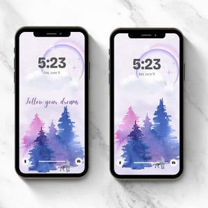Aquarell Wald Tapete | Folgen Sie Ihren Träumen Ästhetische Hintergrundbilder | Pastell Lavendelwald Sperrbildschirm | Wald Affirmation Tapete
