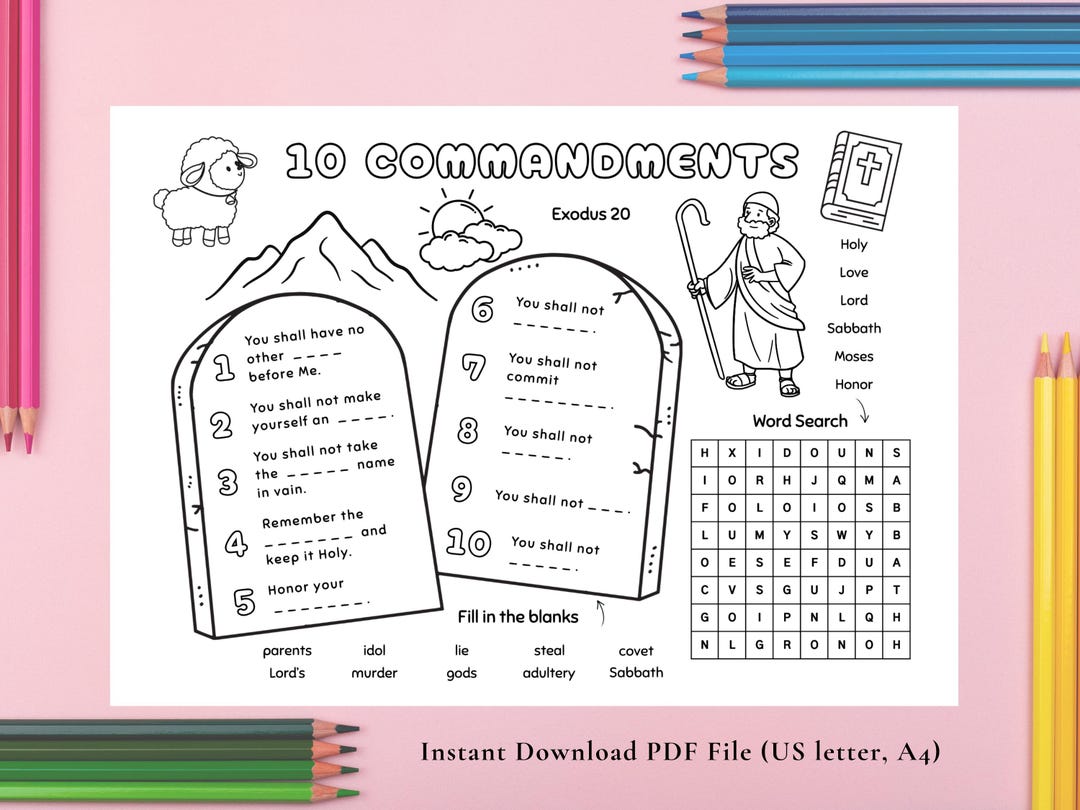 10 Commandments Activity Placemat for Kids, Printable Bible Craft ...