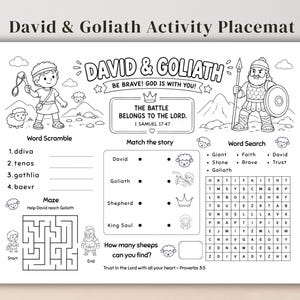 Puede incluir: Un mantel individual de actividades en blanco y negro con el tema de David y Goliath, que incluye secciones para colorear, un juego de palabras, un laberinto, un juego de emparejar y una sopa de letras. El texto incluye David & Goliath, Be Brave! God Is With You!, The Battle Belongs To The Lord, 1 Samuel 17:47, y Trust In The Lord With All Your Heart - Proverbs 3:5.
