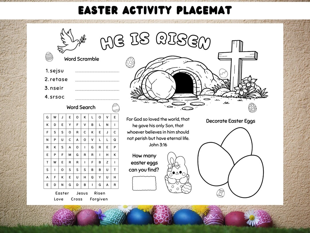 Christian Easter Kids Placemat Printable, He is Risen Sunday School ...