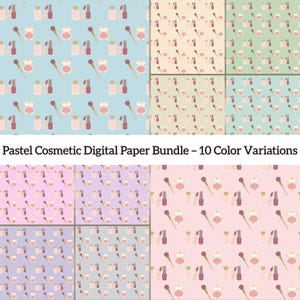 Cosmetic Digital Paper Bundle, 10 Pastel Color Variations, Makeup Seamless Patterns, PNG Scrapbook Paper, 2000x2000 px