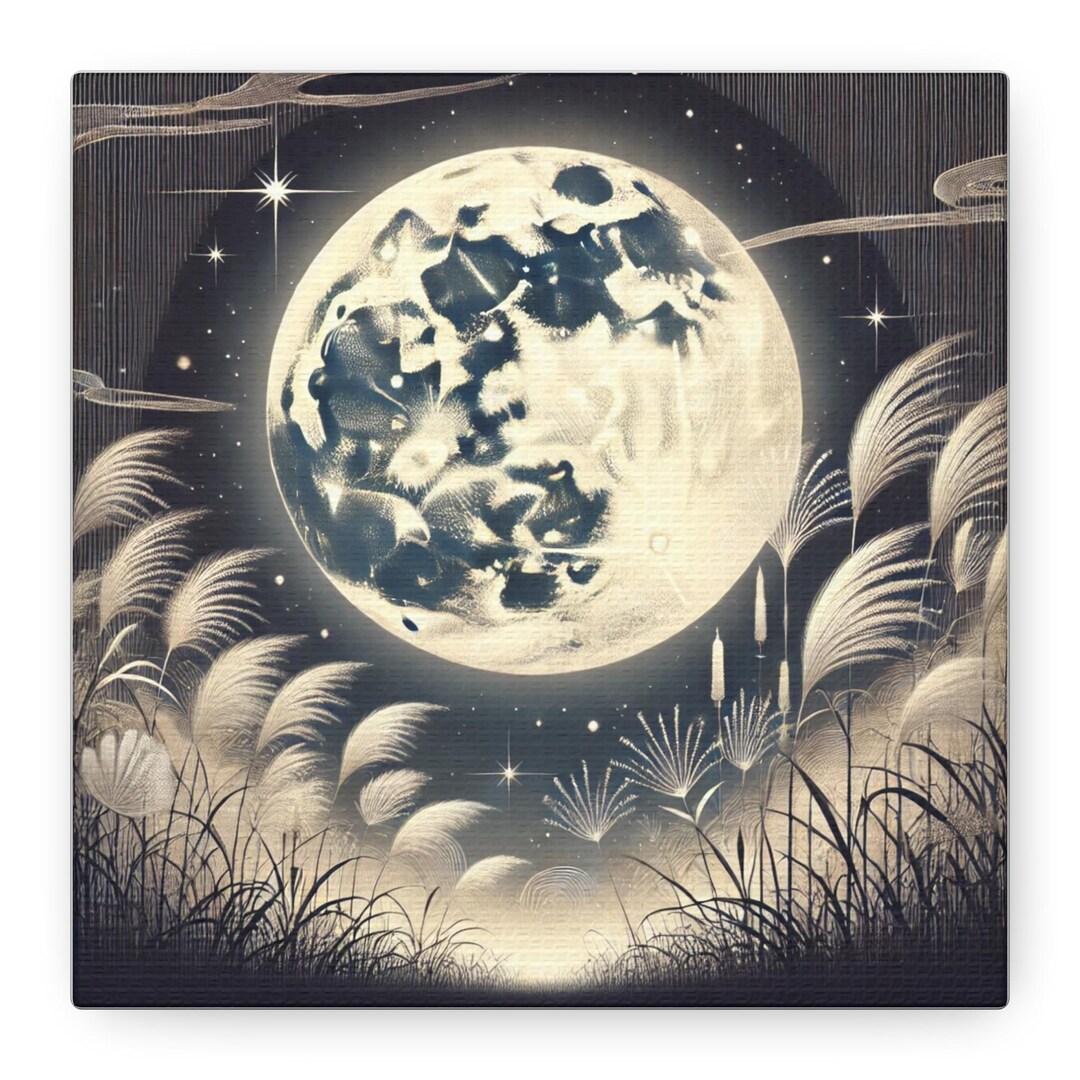 Full Moon Meadow Canvas | Lunar Night Wall Art, Botanical Moonlight ...