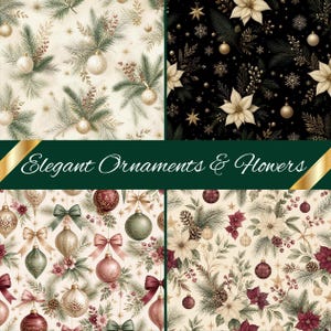 Könnte beinhalten: Eine Collage aus vier festlichen Mustern mit Weihnachtsschmuck, Tannenzweigen, Beeren und Weihnachtssternen in Creme, Schwarz, Gold und Rot, mit dem Text Elegant Ornaments & Flowers zentriert auf einem dunkelgrünen Banner.