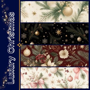 Könnte beinhalten: Vier horizontale Paneele mit Weihnachtsmustern. Das obere ist cremefarben mit goldenen Ornamenten und Kiefernzweigen. Das zweite ist schwarz mit goldenen Sternen. Das dritte ist dunkelrot mit Weihnachtssternen. Das untere ist cremefarben mit rosa Schleifen.