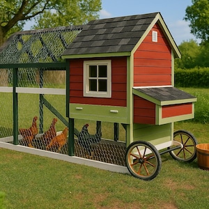 May include: A red and green chicken coop with a black shingled roof, a wire mesh enclosure, and a small window. Several chickens are inside the coop. A wooden bucket sits nearby.