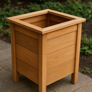 May include: A square wooden planter box with a natural wood finish. The planter has a rectangular opening at the top and is constructed with horizontal wooden planks. The planter is elevated on four square legs, suitable for outdoor use.