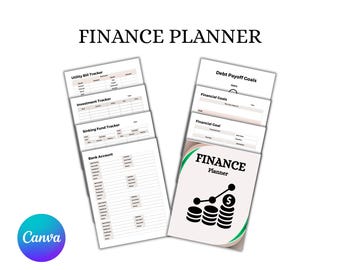 May include: A finance planner with the title "FINANCE PLANNER" at the top. The planner includes sections for tracking utility bills, investments, sinking funds, and bank accounts. The cover features a graphic of stacked coins and a rising line graph.