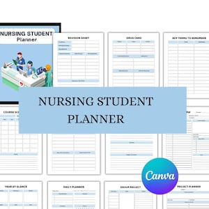 Puede incluir: Un planificador para estudiantes de enfermería con varias páginas para la organización. La portada presenta una ilustración de enfermeras en un escritorio. Las páginas incluyen hojas de revisión, tarjetas de medicamentos y planificadores diarios. El título "NURSING STUDENT PLANNER".