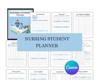 May include: A nursing student planner with various pages for organization. The cover features an illustration of nurses at a desk. Pages include revision sheets, drug cards, and daily planners. The title "NURSING STUDENT PLANNER" is displayed in a light blue rectangle.