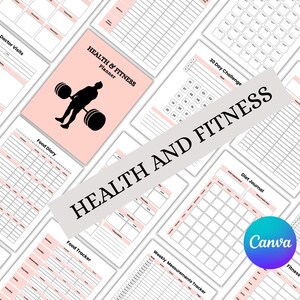 May include: A collection of pink and white printable health and fitness planner pages. The central planner cover features a black silhouette lifting weights. The text "HEALTH AND FITNESS" is displayed across the image.