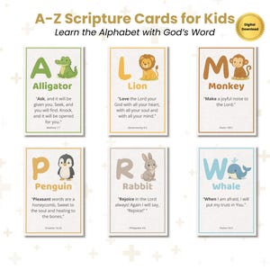 Könnte beinhalten: A-Z-Schriftkarten für Kinder mit Illustrationen von Alligator, Löwe, Affe, Pinguin, Kaninchen und Wal. Jede Karte zeigt einen Buchstaben, ein Tier und einen Bibelvers, ideal zum Alphabetlernen.