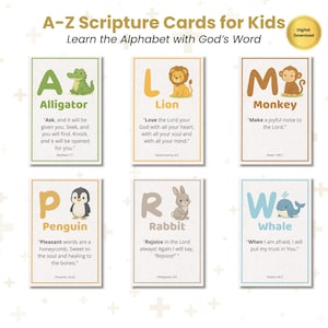 Christian Alphabet Scripture Cards, A-Z Bible Verse Animal Flashcards Digital Download