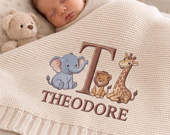 Benutzerdefinierte Safari gestickte Baby-Decke, personalisierte Name Walddschungeltier-Decke, Geschenk für Neugeborene, Kinderzimmer-Andenken Geschenk