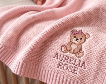 Personalized Teddy Bear Embroidered Baby Blanket With Name, Custom Bow Knit Newborn Gift, Gift For Baby Girl, Nursery Keepsake, Newborn Gift