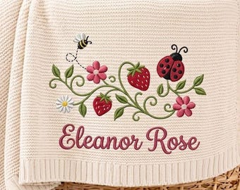 Custom Garden Cottagecore Ladybug Embroidered Baby Blanket, Personalized Name Coquette Floral Blanket, Nursery Keepsake Gift