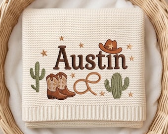 Custom Cowboy Embroidered Baby Blanket, Personalized Name Western Cactus Boots Hat Blanket, Baby Shower Announcement, Gift For Newborn