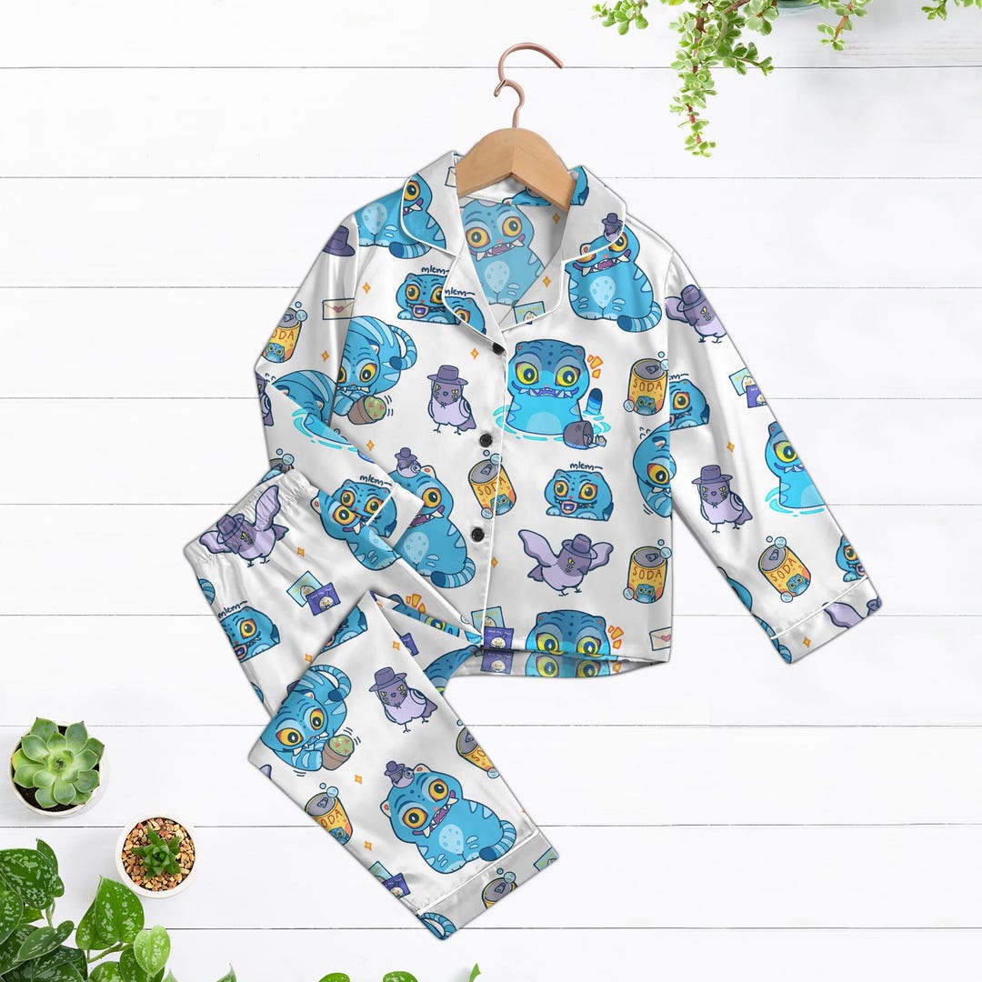 Derpy Pajama Set, Kpop Demon Hunters Satin Sleepwear, Cute Blue Cat ...
