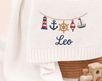 Custom Pirate Ship Embroidered Baby Blanket, Personalized Name Baby Adventure Anchor Blanket, Nursery Keepsake, Treasure Island Baby Gift