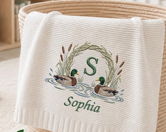 Custom Mallard Duck Personalized Embroidered Baby Cotton Blanket, Animal Safari Baby Shower Announcement, Gift For Newborn