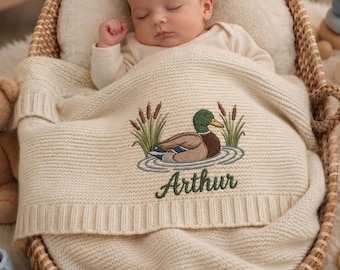 Custom Mallard Duck Personalized Embroidered Knit Blanket, Personalized Name Animal Safari Baby Shower Announcement, Newborn Baby Boy Gift
