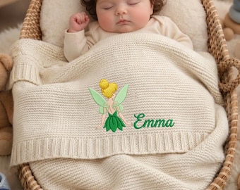 Custom Tinker Bell Princess Embroidered Baby Blanket, Personalized Name Disney Peter Pan Blanket, Fairy Style Gift For Newborn