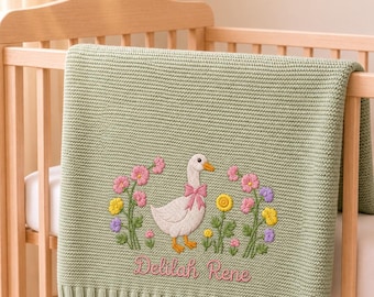 Personalized Baby Goose Embroidered Baby Blanket, Goose Floral Baby, Duck Wildflower Blanket, Gift For Newborn