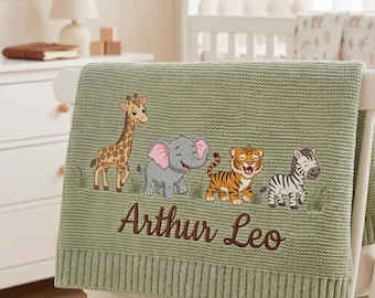 Custom Safari Embroidered Baby Blanket, Personalized Name Jungle Animal Elephant Giraffe Tiger Blanket, Newborn Nursery Keepsake Gift