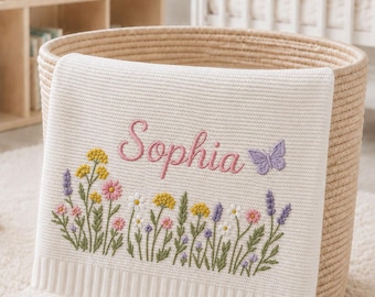 Custom Embroidered Name Blanket with Butterflies and Wildflowers for Newborn, Welcome Baby Blanket, Nursery Keepsake, Newborn Gift For Baby