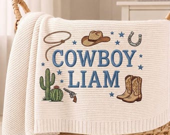 Custom Cowboy Embroidered Baby Cotton Blanket, Personalized Name Western Cowgirl Blanket, Baby Shower Announcement, Gift For Newborn