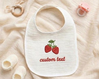 Aangepaste naam aardbei geborduurd babyslabbetje, fruitbloemen strikslabbetje, nieuw babycadeau