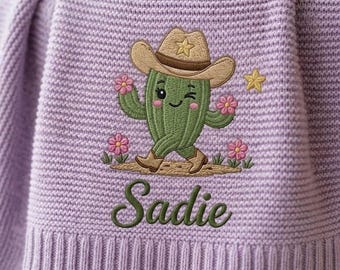 Personalized Cowboy Cactus Embroidered Baby Blanket With Name, Custom Western Desert Lover Knit Newborn Gift, Gift For Baby Girl