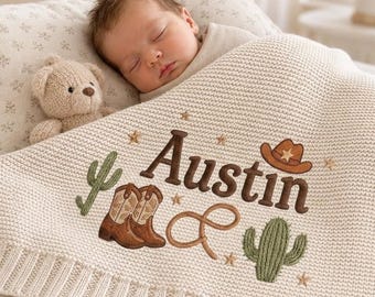 Custom Cowboy Embroidered Baby Blanket, Personalized Name Western Cactus Boots Hat Blanket, Baby Shower Announcement, Gift For Newborn