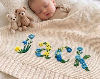 Custom Name Boho Floral Embroidered Baby Blanket, Personalized Newborn Hospital Gift, Custom Baby Boy Gift, Flower Baby Blanket