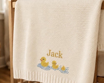 Personalized Little Duck Embroidered Baby Cotton Blanket, Mallard Baby Shower Announcement, Gift For Newborn