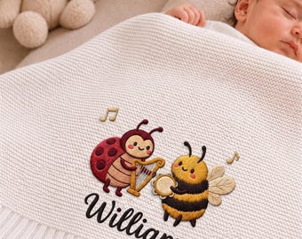 Custom Garden Cottagecore Ladybug Embroidered Baby Blanket, Personalized Name Insect Music Blanket, Nursery Keepsake Gift, Garden Lover Gift