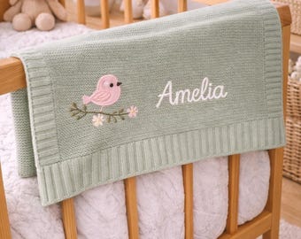 Embroidered Custom Name Blanket, Soft Sage Green Nursery Style, Pink Bird and Floral Content, Unique Baby Shower or Newborn Keepsake Gift