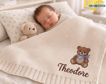 Custom Teddy Bear Embroidered Baby Blanket, Personalized Name Jungle Animal Blanket, Gift For Newborn, Nursery Keepsake Gift, Gift For Baby