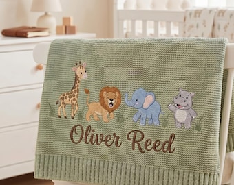 Custom Safari Embroidered Baby Blanket, Personalized Name Jungle Animal Blanket,  Nursery Keepsake Gift, Gift For Newborn