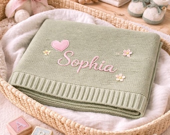 Geborduurde deken met aangepaste naam, elegante lichtblauwe stijl, inhoud Sophie en bloem geborduurd, cadeau kinderwagenaccessoire