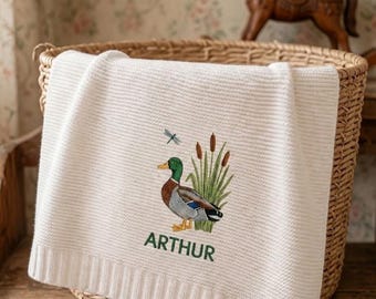 Custom Mallard Duck Embroidered Baby Cotton Blanket, Personalized Animal Safari Baby Shower Announcement, Gift For Newborn