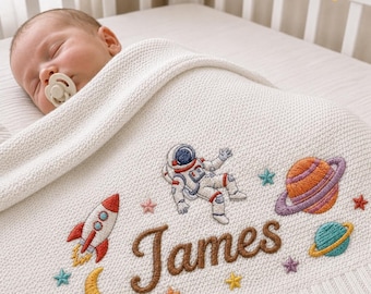 Custom Astronaut Rocket Embroidered Baby Blanket, Personalized Name Space Baby, Gift For Newborn, Nursery Keepsake Gift