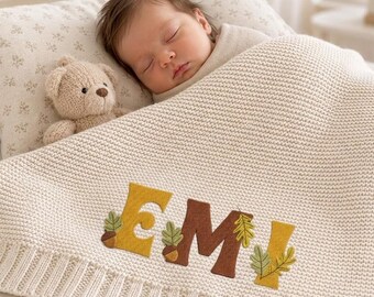 Custom Fall Chestnut Embroidered Baby Blanket, Personalized Name Newborn Gift, Custom Baby Gift, Flower Design Blanket, Baby Blanket
