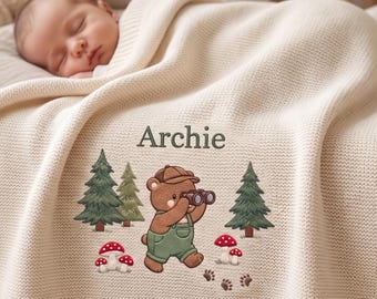 Custom Woodland Bear Camping Embroidered Baby Blanket, Personalized Name Woodland Blanket, Soft Animal Knit Throw, Gift For Newborn