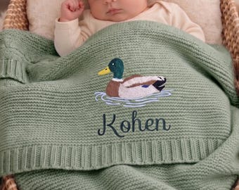 Custom Mallard Duck Personalized Embroidered Baby Cotton Blanket, Personalized Name Animal Safari Baby Shower Announcement, Gift For Newborn